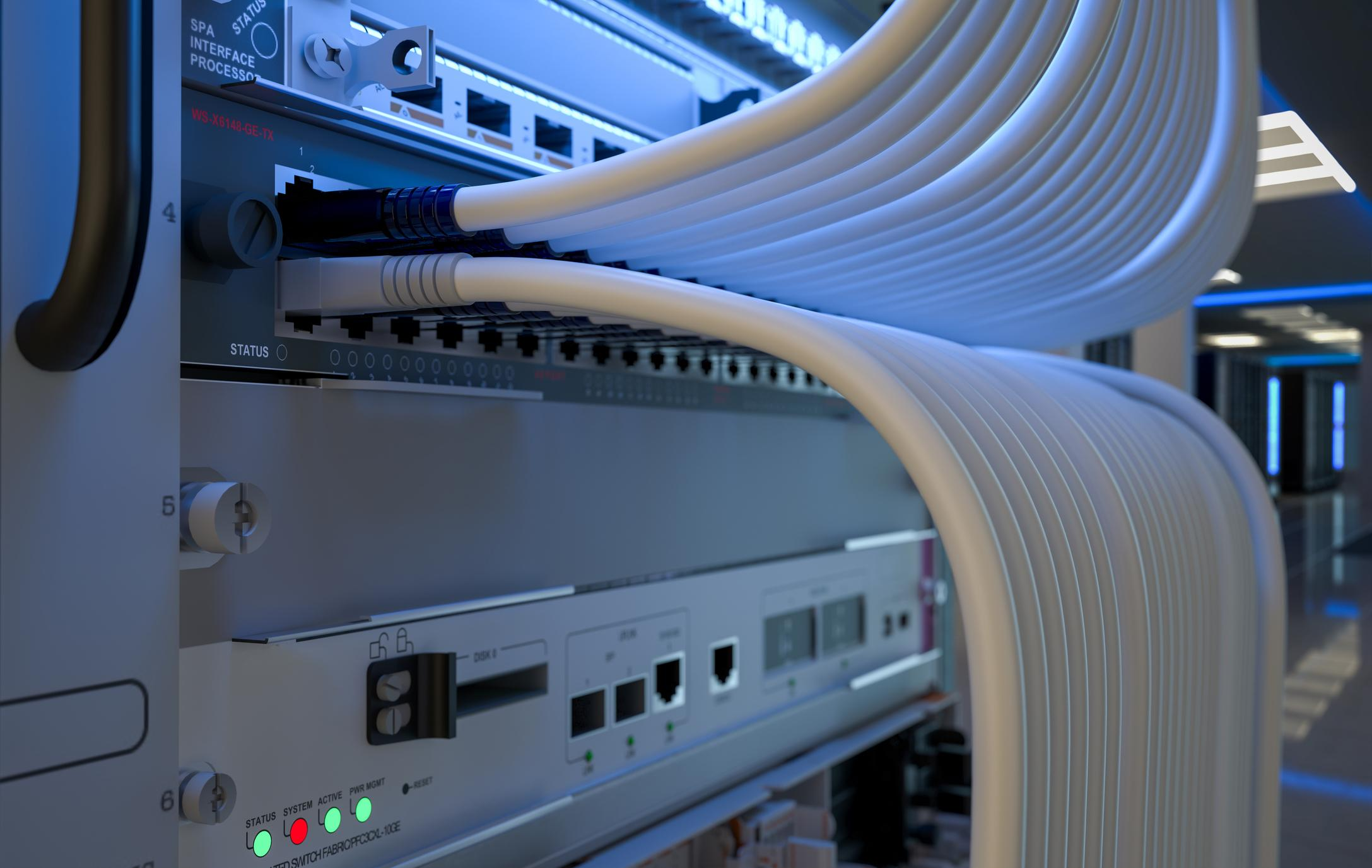 server room network infrastructure, data center, server rack, network cables